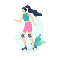 Young woman is rollerskating. Outdoor summer activity
