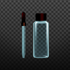 Realistic Laboratory Tool Glass Pipette Vector. Medicine And Chemistry Dropper Pipette For Transport Measured Volume Of Liquid Isolated On Transparency Grid Background. 3d Illustration