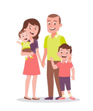 Family portrait. Father, mother, son and little baby. Full lenght portrait of family members standing together. Vector illustration in cartoon style isolated on white background.