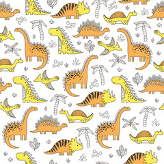 Background with dinosaurs. Adorable seamless pattern with funny dinosaurs in cartoon.