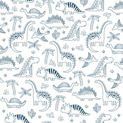 Background with dinosaurs. Adorable seamless pattern with funny dinosaurs in cartoon. © alijun