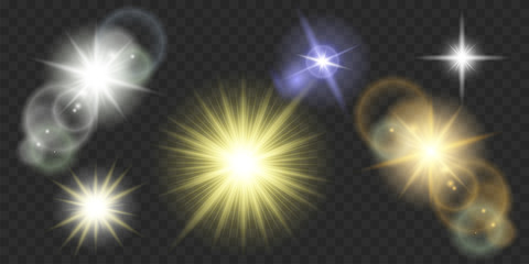 Vector transparent set sunlight special lens flare light effect. Isolated sun flash rays and spotlight