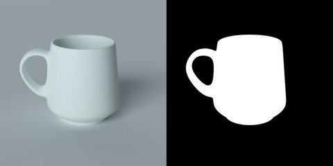 Tea cup isolated on grey front view. 3D illustration. Isolated on alpha channel with black and white matte.