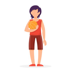 Basketball player standing in red uniform and holding ball