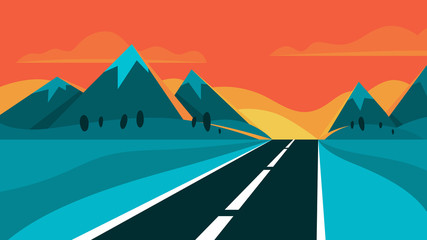 Highway and evening landscape. Mountain on the background