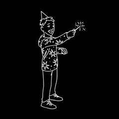 Cute boy in festive cup and hoodie with stars holds sparkler in his hand. White lines isolated on black background. Vector illustration of happy little boy with magic wand in simple line art style.