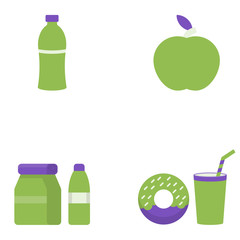School breakfast, water bottle, donut, apple vector flat icons, food vector illustration