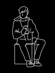 Man sitting on cube with can of soda or other soft drink. White lines isolated on black background. Consept. Vector illustration of man in simple line art style. Monochromatic hand drawn sketch. 