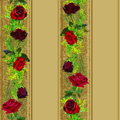 Scarlet and crimson roses in a wreath with yellow mimosa - realistic picture. Background - vertical stripes - military coloring sand colors: brown, beige and cream. Seamless pattern 