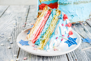 Homemade American United States  Independence day cake, for 4 July party, with sugar stars, striped cream decoration, wooden background copy space