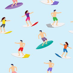 Surfers on surfboards in sea waves seamless pattern. Vector