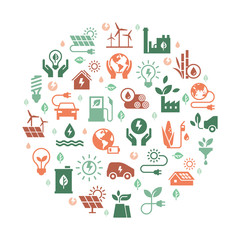 Circular concept set of vector green power symbol made with the wind, solar, water and biomass icons in the flat style. Environmental protection illustration.