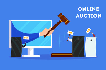 Online auction concept. Taking action in auction through device - obrazy, fototapety, plakaty
