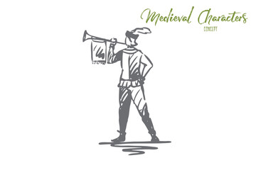 Trumpeter, medieval, trumpet, message, ancient concept. Hand drawn isolated vector.
