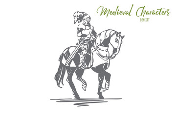 Knight, horse, medieval, character, armor concept. Hand drawn isolated vector.