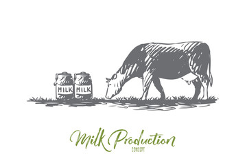 Milk, cow, farm, production, bottle concept. Hand drawn isolated vector.