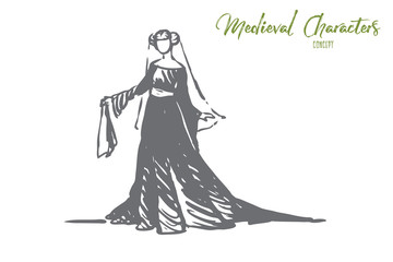 Woman, dress, medieval, elegant, clothes concept. Hand drawn isolated vector.