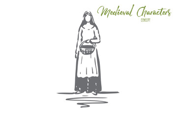 Medieval, woman, dress, costume, ancient concept. Hand drawn isolated vector.