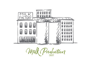 Milk, factory, plant, production, industry concept. Hand drawn isolated vector.