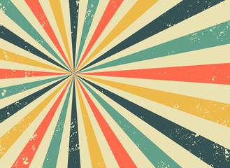 Old retro background with rays and explosion imitation. Vintage starburst pattern with bristle texture. Circus style. flat vector