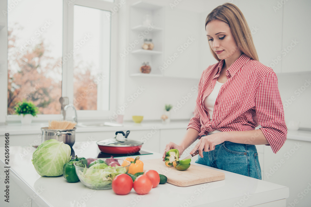 Wall mural close up photo beautiful she her lady breakfast cooking process housewife wait husband back prepare 