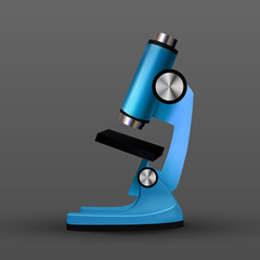 Realistic Blue Bio Laboratory Microscope Vector. Medical Detailed Scientific Research And Studying Equipment Microscope Closeup View Isolated Image On Grey Background. 3d Illustration