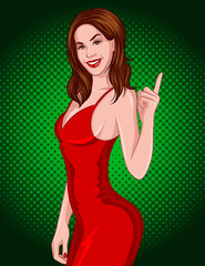 Color vector illustration of a pop art style of a beautiful young woman in a red dress on a green background. Sexy brunette points finger up. Luxurious lady posing and smiling