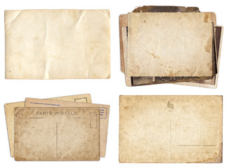 Set of various Old papers and postcards with scratches and stains texture isolated