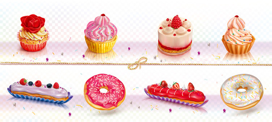 Set of cupcakes, donuts and eclairs