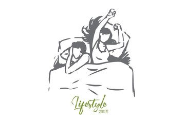 Couple, sleep, bed, woman, bedroom, night concept. Hand drawn isolated vector.