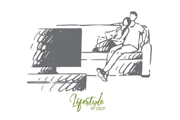 Home, cinema, couple, movie, relax concept. Hand drawn isolated vector.