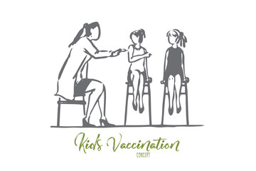 Children, girl, doctor, vaccine, health, clinic concept. Hand drawn isolated vector.