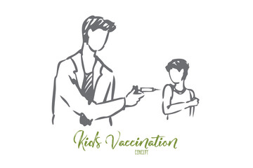 Kid, doctor, vaccine, injection, boy concept. Hand drawn isolated vector.