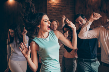 Close up photo classy gathering hang out dancing singing yell scream shout she her ladies hair...