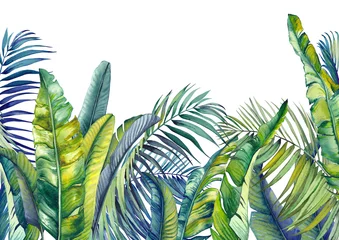  Tropische palm- en bananenbladeren. Jungle behang. Geïsoleerde aquarel achtergrond. © JeannaDraw