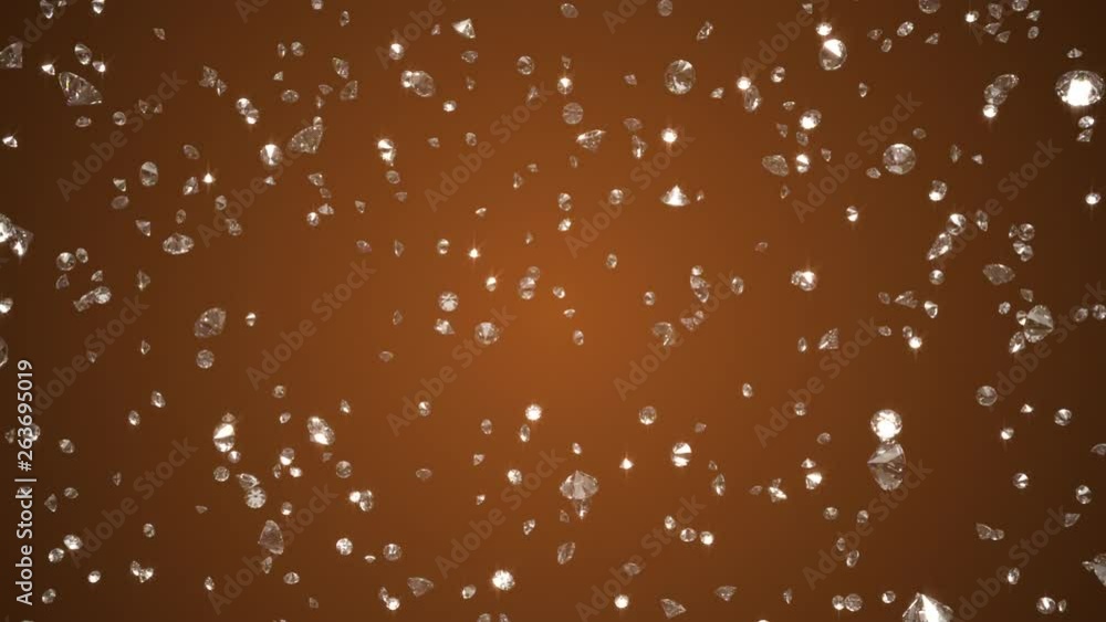Poster falling shining diamonds 3d render on orange background, seamless loop 4k cg animation