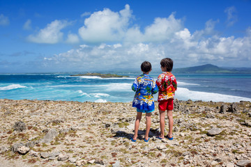 Happy children in colorful hawaiian shirts, enjoying observing the big waves on shore of an island near Mauritius