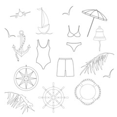 Things that will be useful on the beach, on holiday by the sea. Vector set of drawn doodles. Sketchbook. Attributes a nautical theme.
