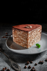 A large piece of chocolate-nut cake sprinkled with cocoa. On a gray plate with a sprig of mint. Close-up. Dark photo.