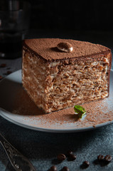 A large piece of chocolate-nut cake sprinkled with cocoa. On a gray plate with a sprig of mint. Close-up. Dark photo