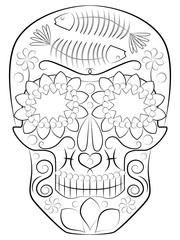 illustration, book, cover, magazine, print, vector, design, object, isolated, black, white, image, skull, symbol, idol, death, worship, culture, religion, traditional, folklore, Latin American, Mexica