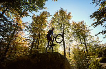 Silhouette of cyclist standing on back wheel on trial bicycle, male biker balancing on the edge of...