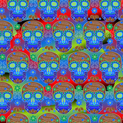 bright seamless pattern with the image of a skull, the symbol of the traditional Mexican holiday day of the dead and Day of angels