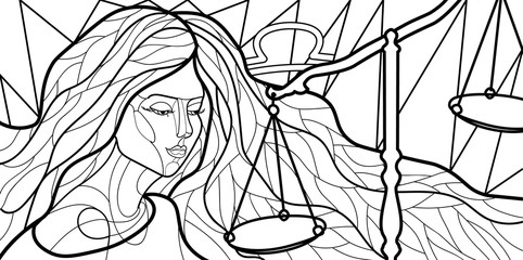 black and white illustration of a girl symbolizing the zodiac sign in the style of stained Glass