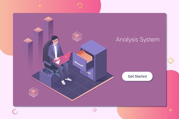 System analysis.Businessman interact with the data system and receive statistical information