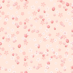 Beautiful floral vector seamless pattern. Pink roses buds and small white flowers on coral background. Template for textile, wallpaper, print, carton, banner, ceramic tile, card.
