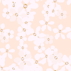 Jewelry and  floral vector seamless pattern. White and pink flowers with gold core on coral background. Template for design, textile, wallpaper, print, carton, banner, ceramic tile, card.