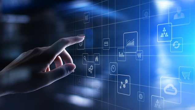 Application icons on virtual screen. Technology and business concept.