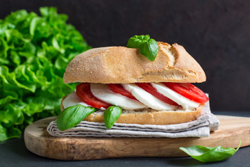 Caprese sandwich: Mozzarella, tomatoes, basil, italian bread, olive oil. Black background.