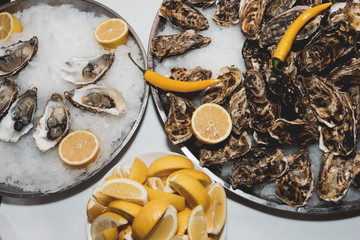 Mussels with lemon which lie on ice